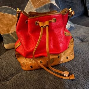 MCM Red and Brown Leather Drawstring Backpack